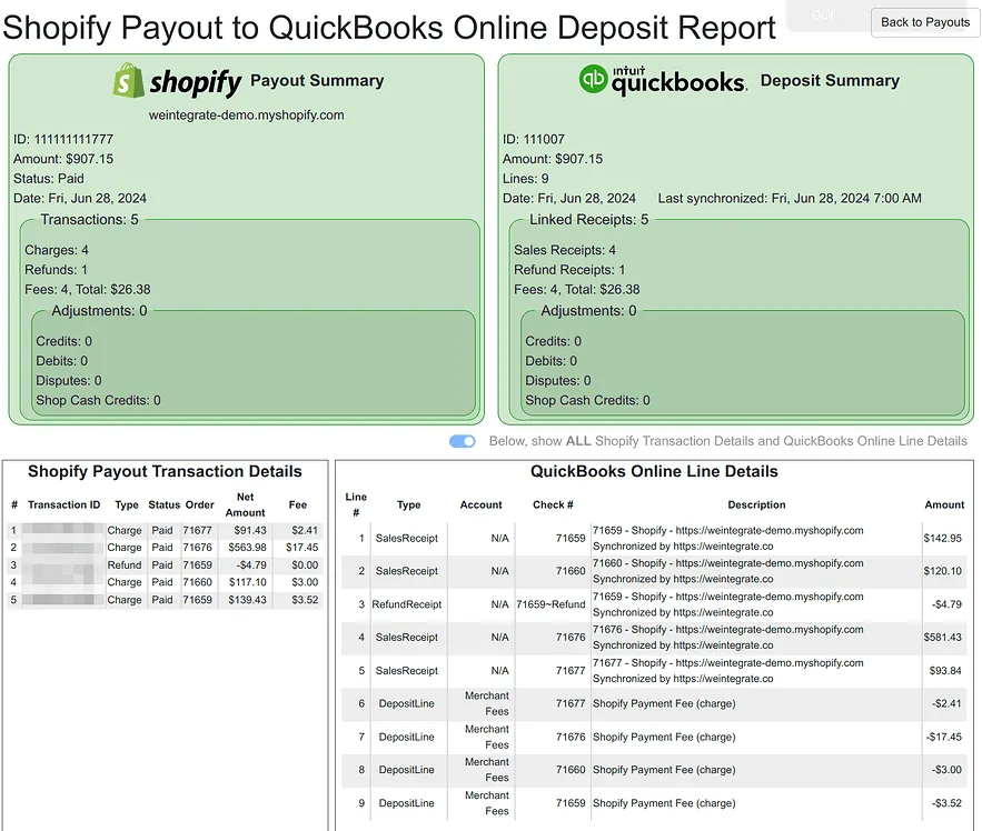 WeIntegrate's enhanced three-way Shopify Payout to QuickBooks Online Deposit Report, with fees and taxes itemized or rolled up