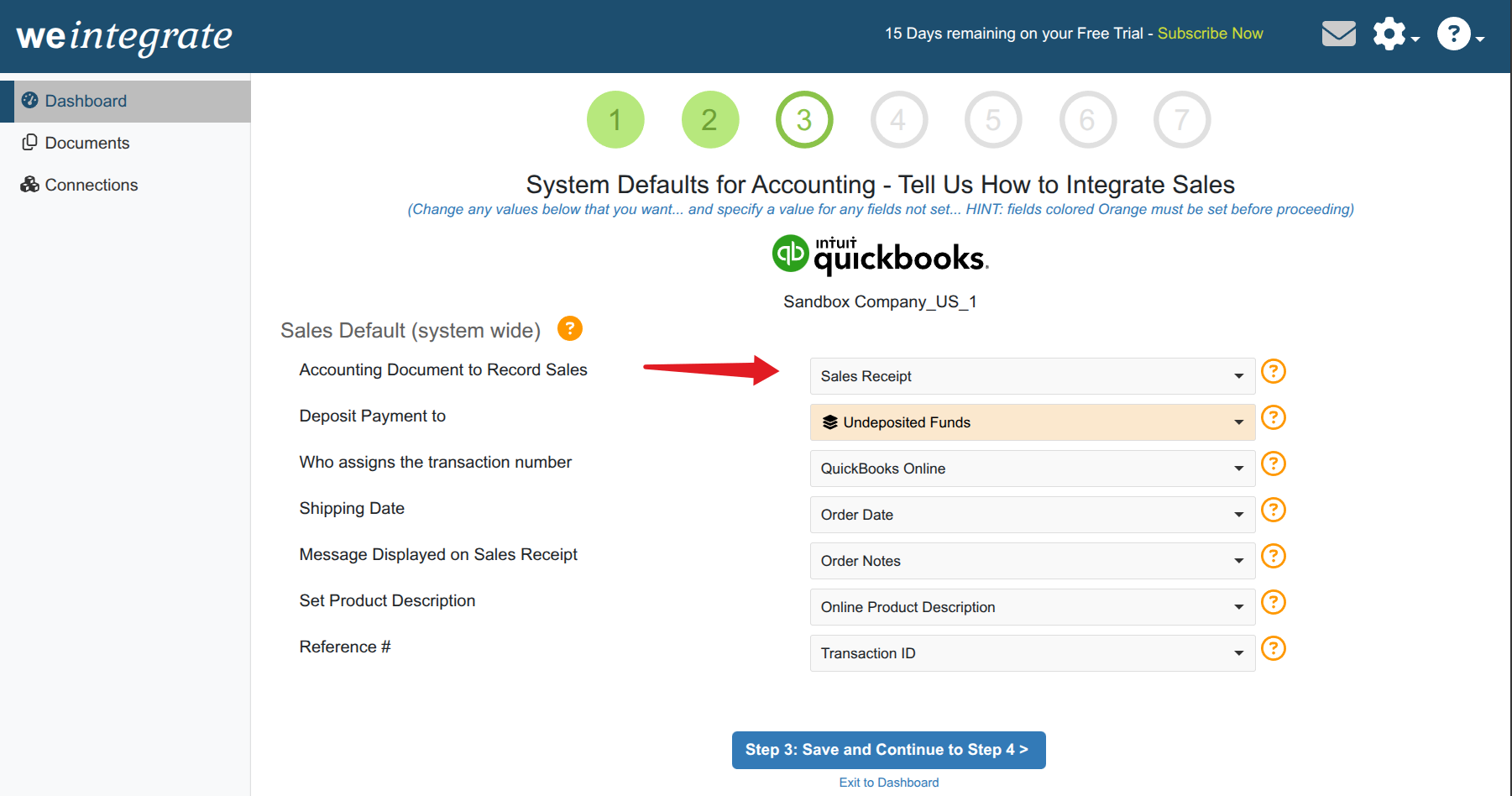 WeIntegrate Record Sales Type setting — choose between Sales Receipt and Invoice mode